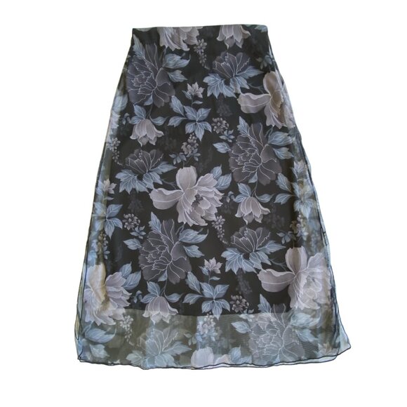 Y2K 90s VENUS Black Blue Floral Sheer Chiffon Maxi Skirt Fairy Grunge L - Picture 2 of 14